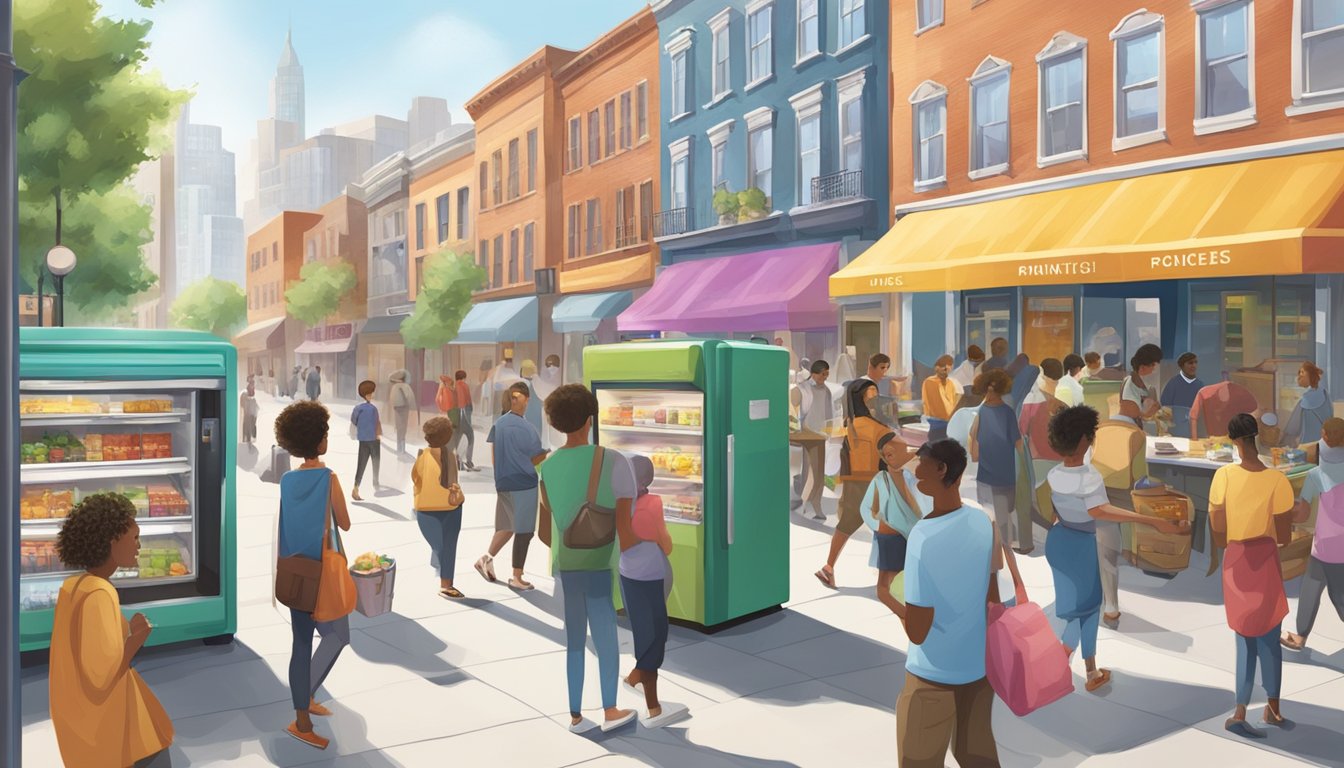 A bustling city street with a colorful community fridge surrounded by diverse individuals exchanging food and educational resources