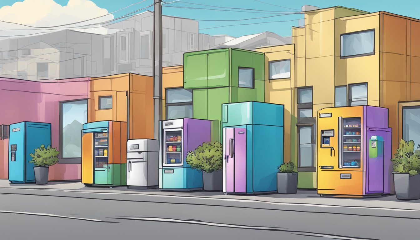 A colorful local community fridge surrounded by various support service buildings in Colorado Springs, CO