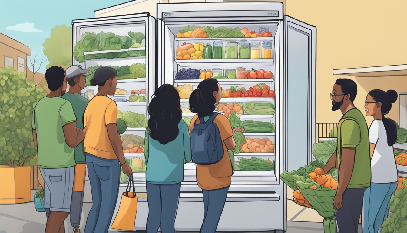 A diverse group of people accessing a community fridge filled with fresh produce and packaged goods in a sunnyvale, ca neighborhood