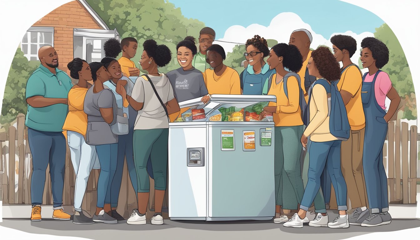 A diverse group of people from the Bridgeport, CT community come together to stock and organize a local community fridge, with various food items and volunteers working together