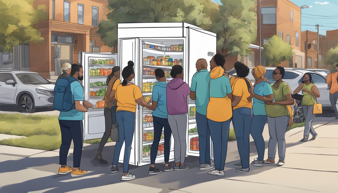 A group of volunteers stocking a community fridge in Colorado Springs, surrounded by local residents eager to learn about the initiative