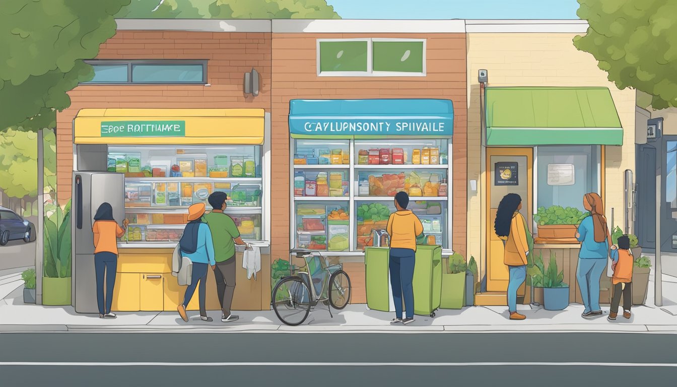 A bustling street in Sunnyvale, CA with a colorful community fridge surrounded by various support program and collaboration posters