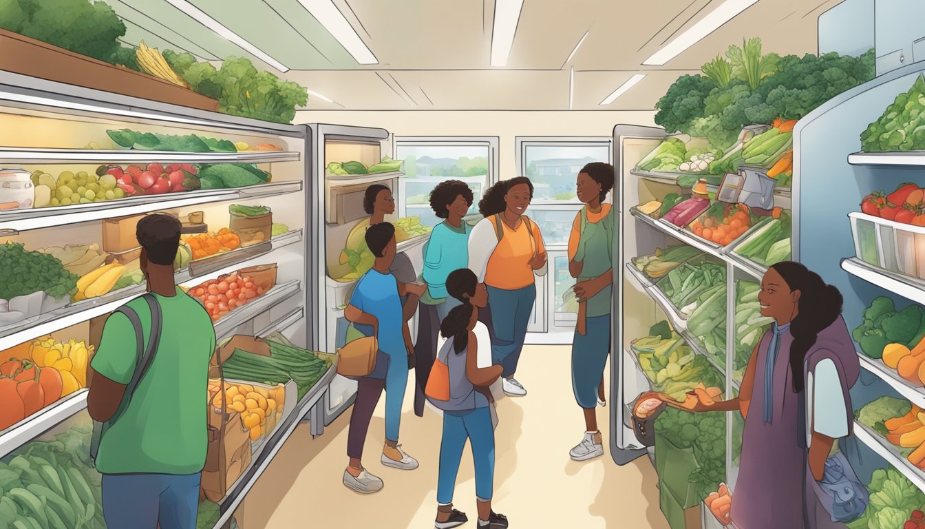 A bustling local community fridge filled with fresh produce and food items, surrounded by a diverse group of people coming together to support sustainability and future goals