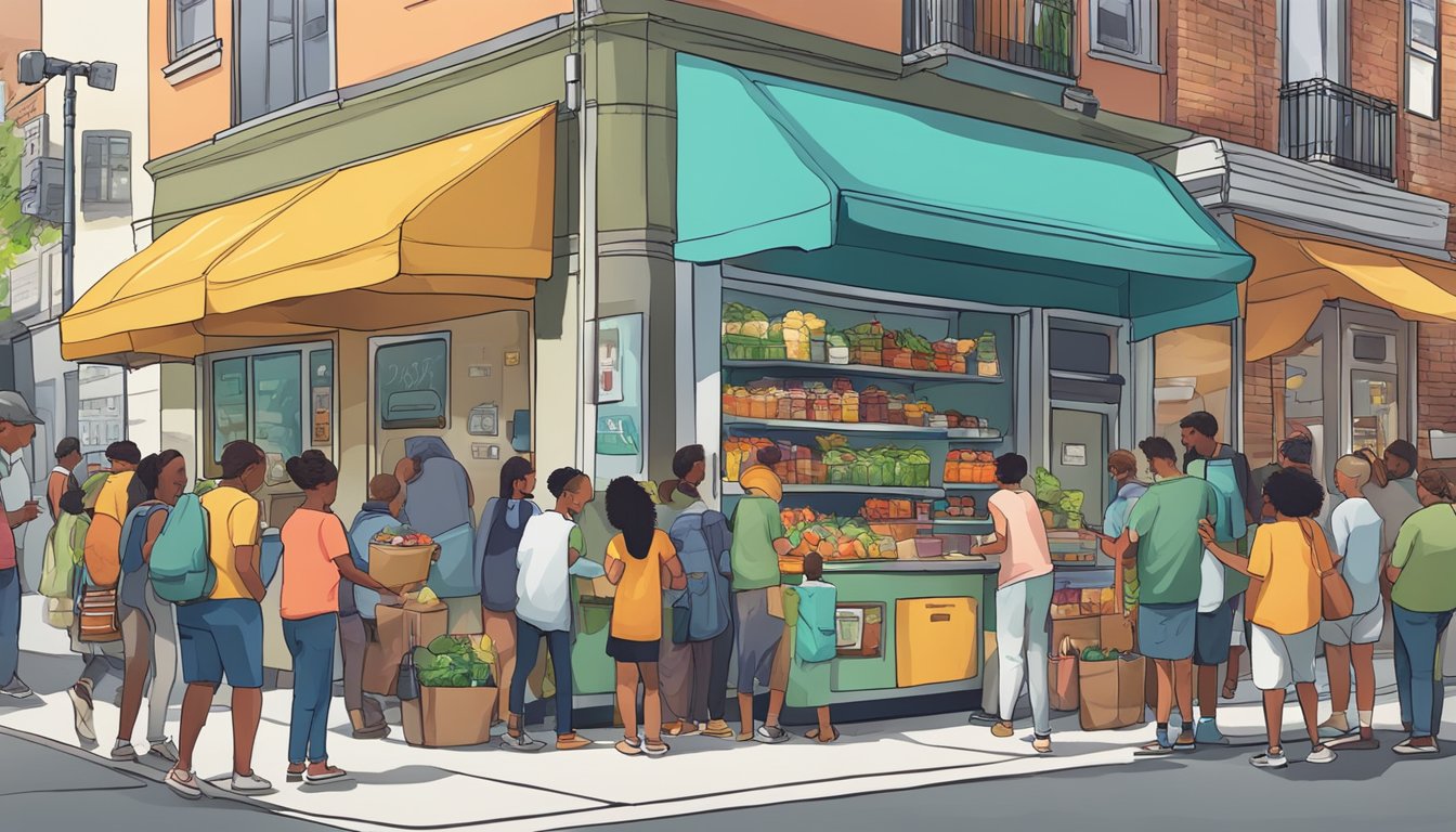 A bustling street corner with a brightly colored community fridge surrounded by people adding food and taking items