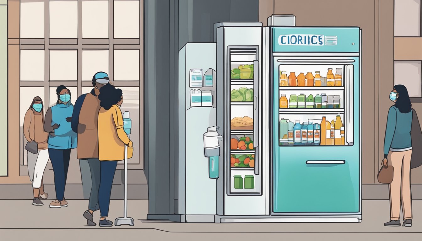 Empty community fridge with closed sign, surrounded by masks and hand sanitizer. People in masks line up at a distance