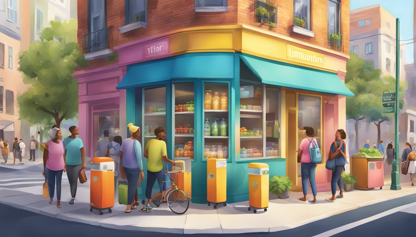 A sunny street corner with a colorful, well-stocked community fridge surrounded by people coming and going