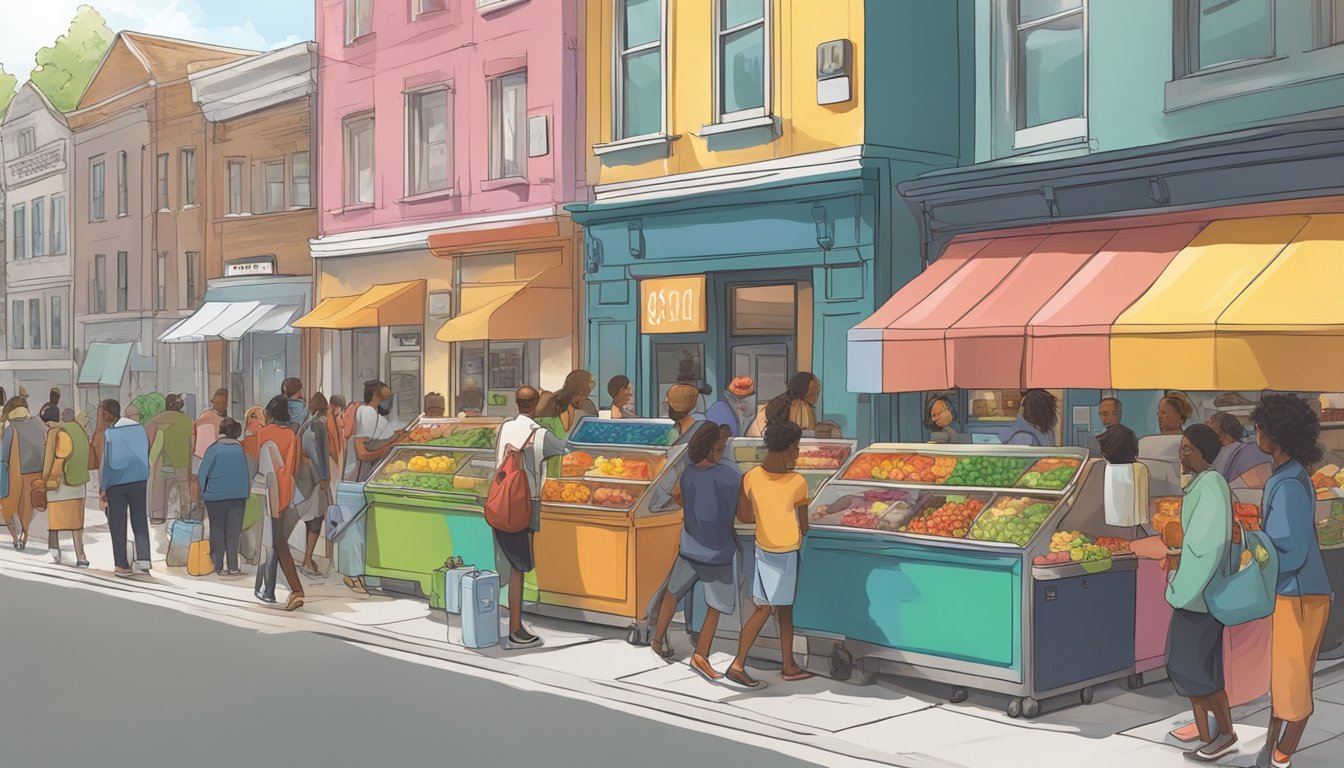 A bustling city street with a colorful community fridge surrounded by people accessing and adding food items