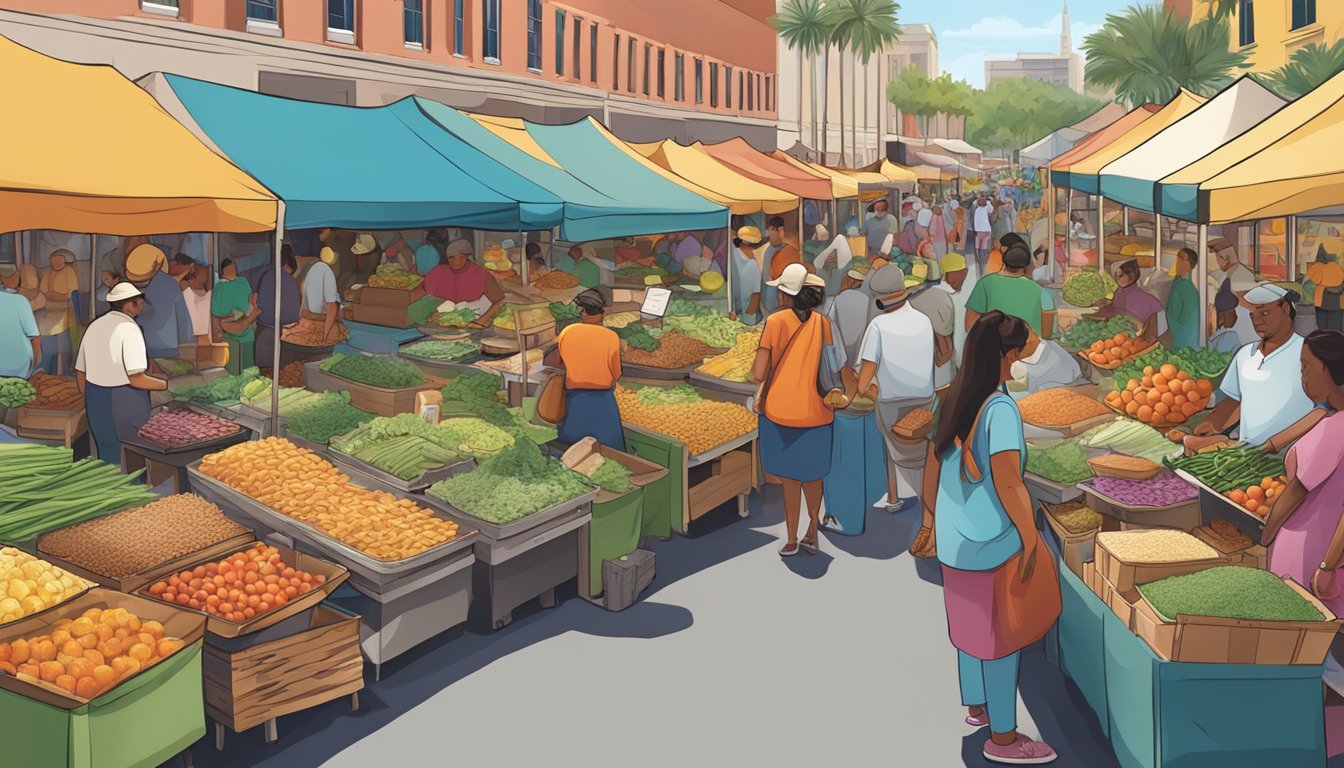 A bustling food market with a variety of colorful stalls and vendors showcasing diverse culinary offerings from around the world in Tampa Bay