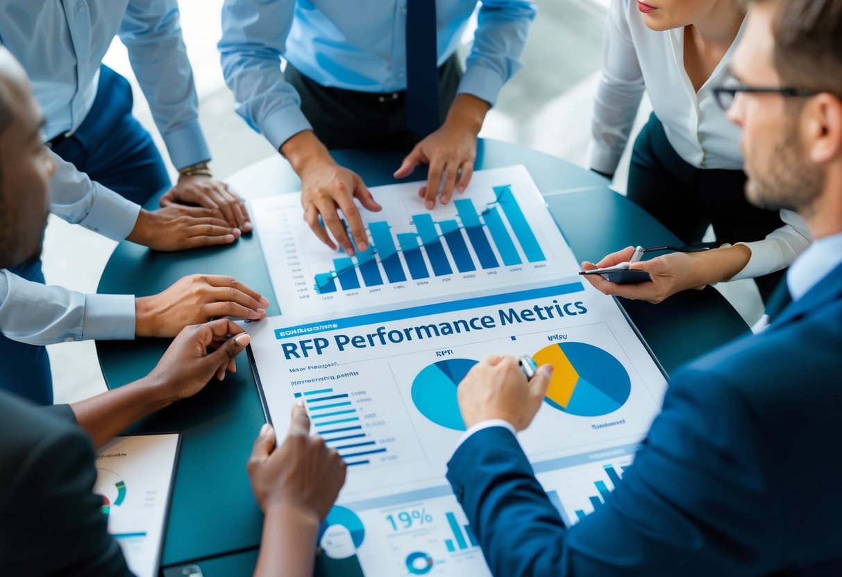 Une table avec des graphiques et des diagrammes montrant les indicateurs de performance des RFP, entourée de personnes discutant et analysant les données.