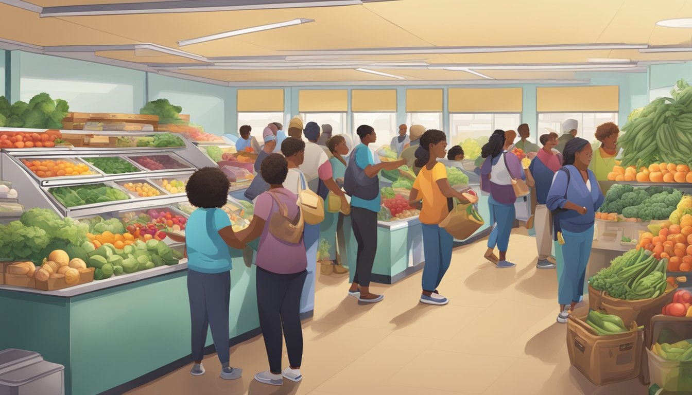 A bustling community center with diverse residents contributing to a local fridge stocked with fresh produce and essential items