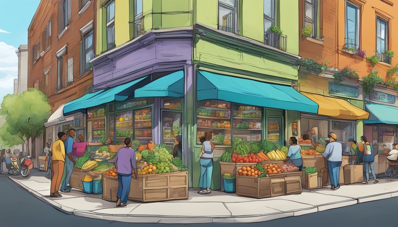 A bustling street corner with a colorful, graffiti-covered fridge filled with fresh produce and pantry items. People of all ages and backgrounds gather around, exchanging food and conversation