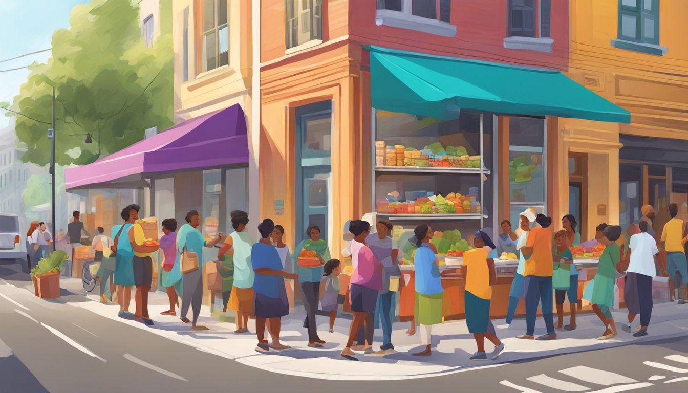 A vibrant, bustling street corner with a colorful, decorated refrigerator surrounded by diverse local residents exchanging food items