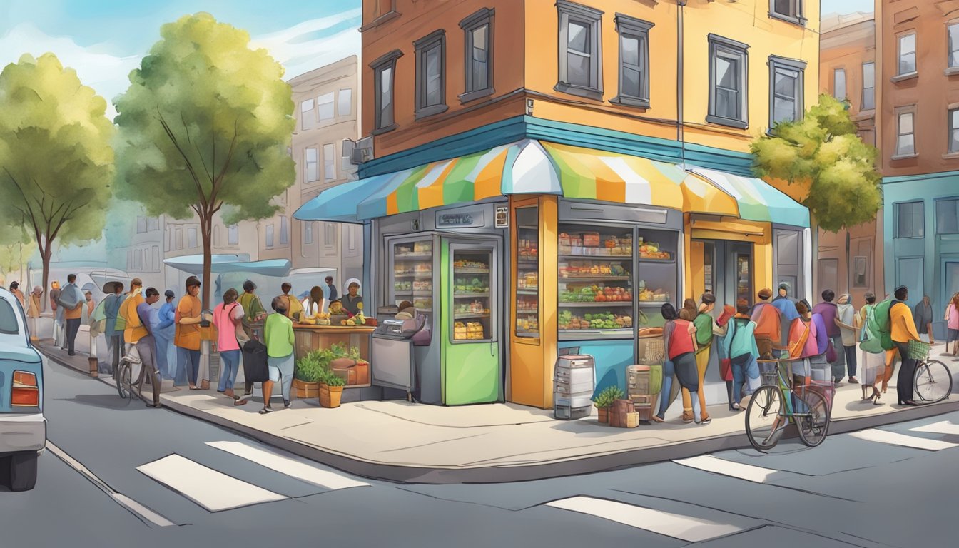 A busy street corner with a colorful, well-stocked community fridge surrounded by people taking and leaving food