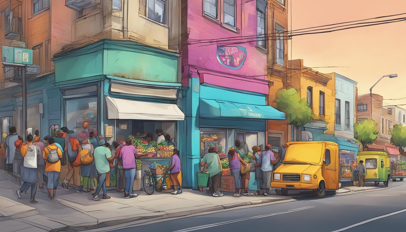 A bustling street corner with a colorful, graffiti-covered community fridge surrounded by people dropping off and picking up food items