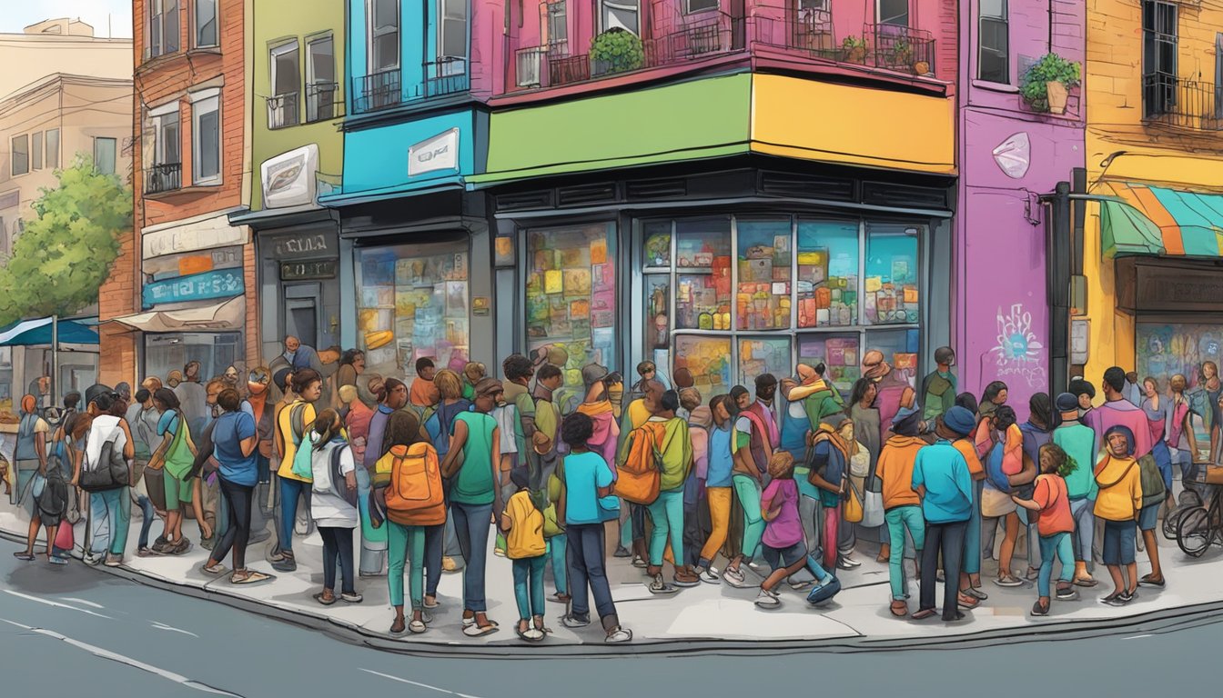 A bustling street corner with a colorful, graffiti-covered fridge surrounded by a diverse group of people accessing and donating food