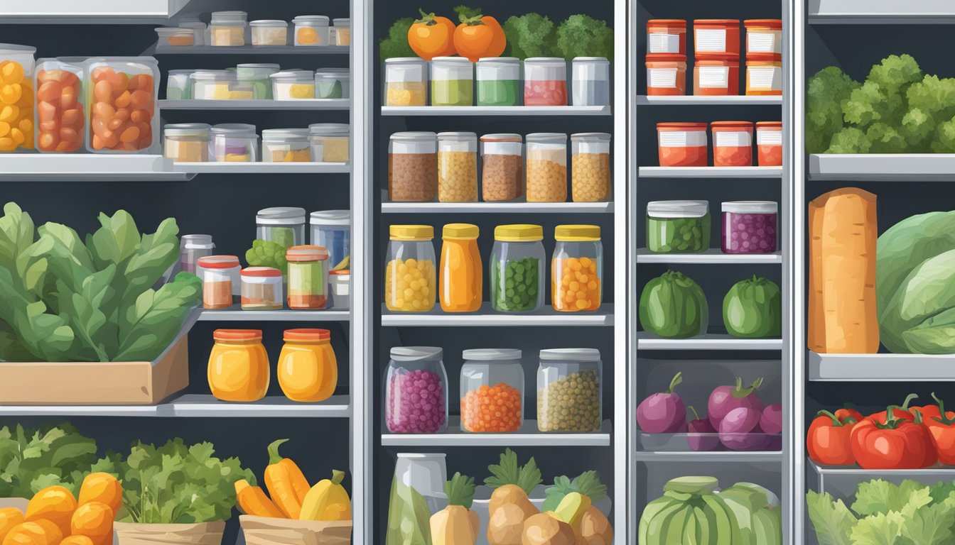 A diverse array of fresh produce, canned goods, and other food items neatly organized inside a brightly colored community fridge