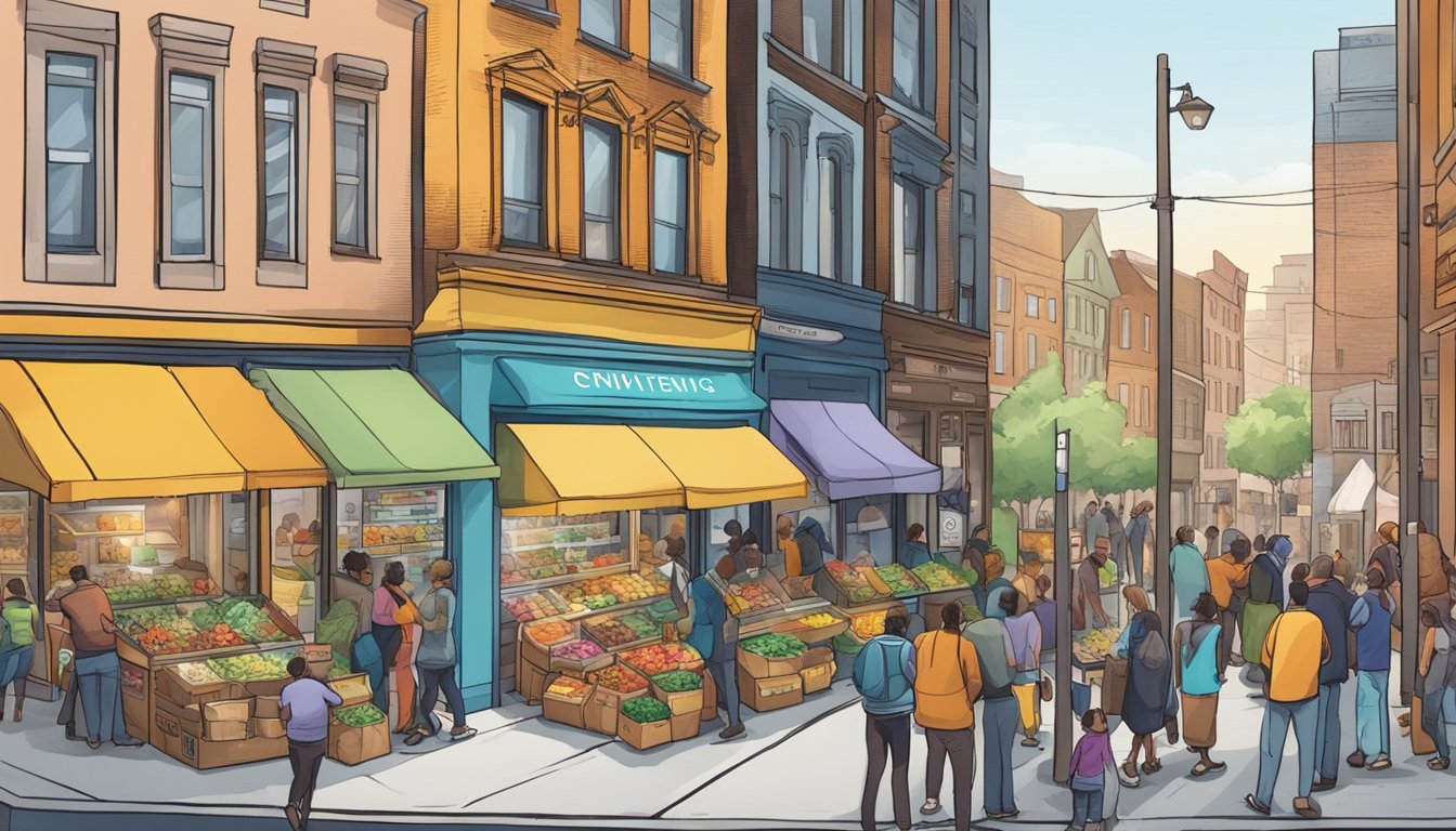 A bustling street corner with a colorful community fridge surrounded by people accessing and stocking it with various food items