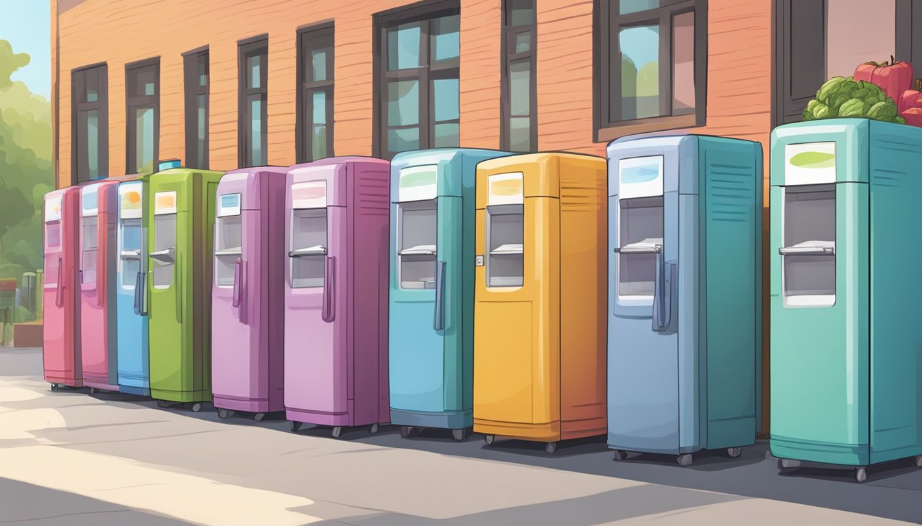 A row of colorful community fridges lined up against a wall, filled with fresh produce and packaged goods. People stop by to leave donations or take what they need