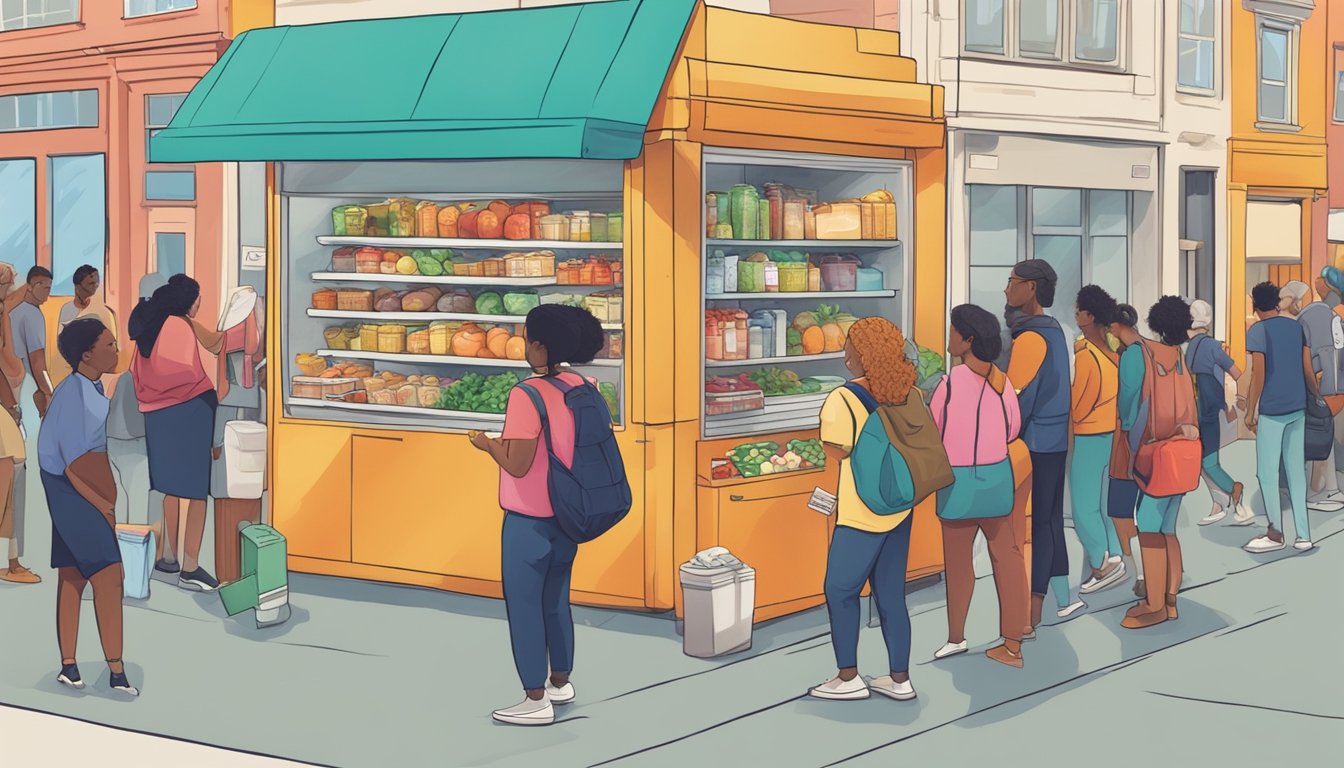 A bustling street corner with a colorful community fridge surrounded by diverse individuals donating and taking food items