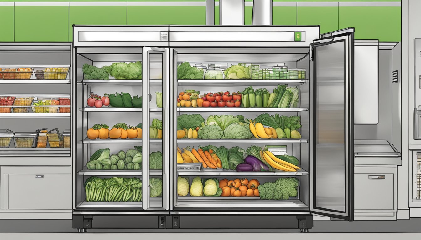 A community fridge in Stamford, CT, filled with fresh produce and labeled with health and safety regulations