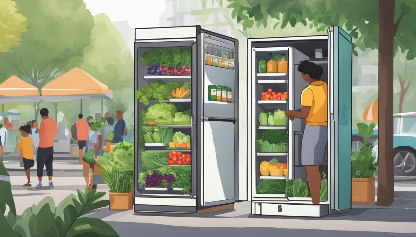 A community fridge surrounded by greenery, with people accessing it and filling it with fresh produce and packaged goods