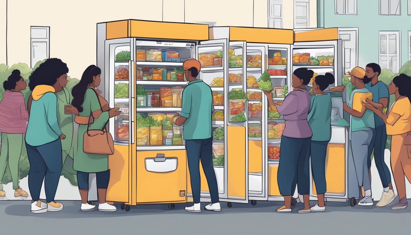 A community fridge filled with donated food, surrounded by a diverse group of people accessing and contributing to it