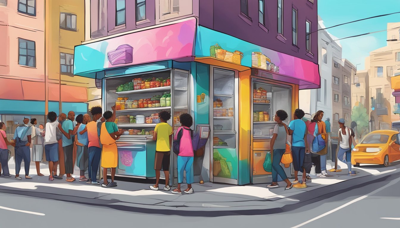 A bustling street corner with a colorful, graffiti-covered community fridge surrounded by diverse group of people adding and taking food