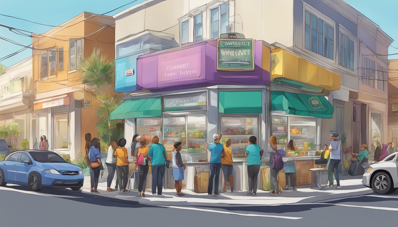 A bustling street corner with a colorful community fridge surrounded by volunteers and organizers in Torrance, CA