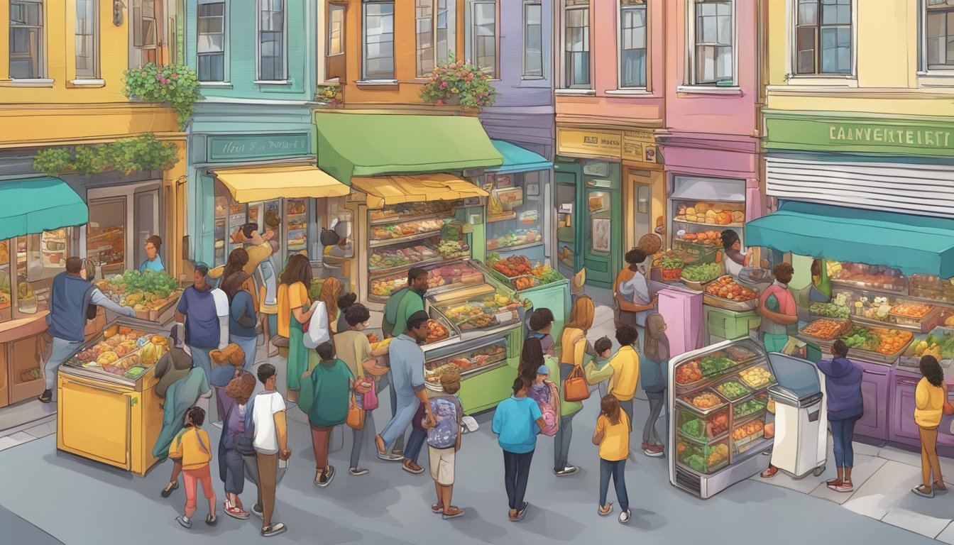 A bustling street corner with a colorful, decorated fridge filled with food and a diverse group of people interacting and sharing items