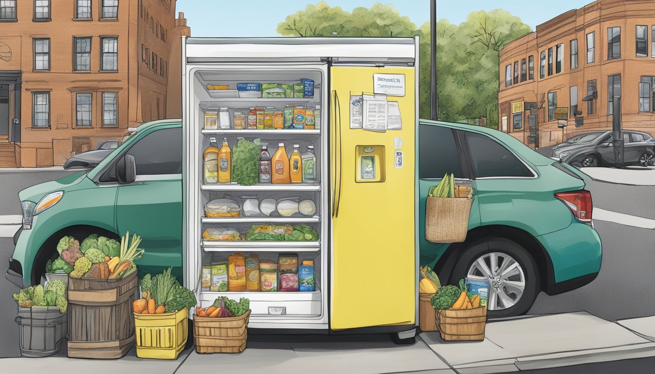 A community fridge surrounded by diverse local landmarks in Stamford, CT