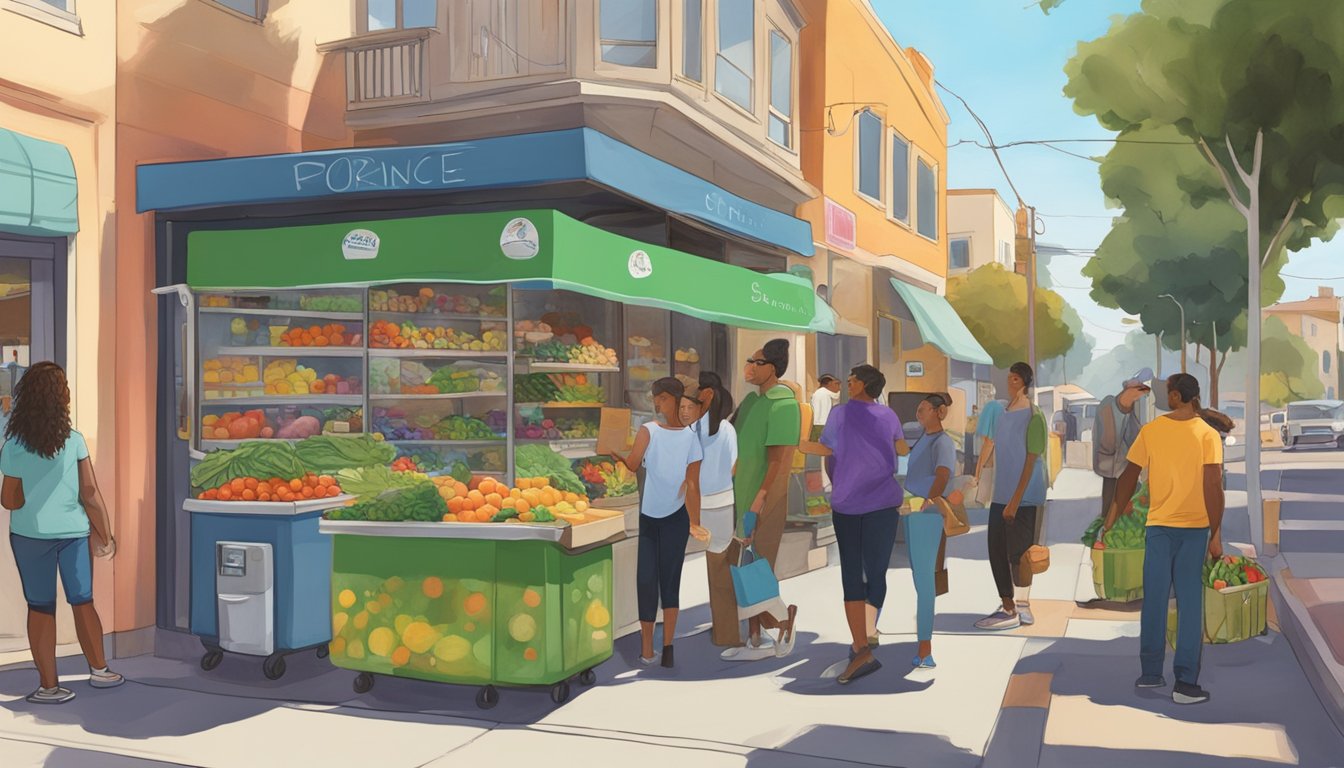 A bustling street corner in Torrance, CA, adorned with a colorful community fridge and a group of locals eagerly stocking it with fresh produce and other goods