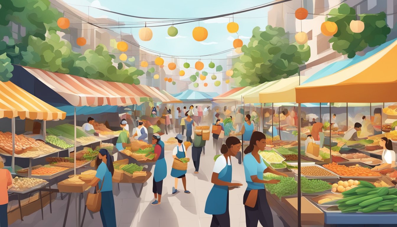 A bustling food market with vendors offering a variety of cuisines, from vegan and gluten-free options to fresh seafood and local produce