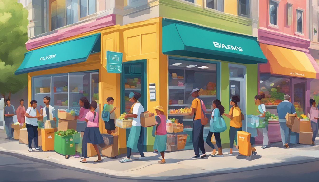 A bustling street corner with a colorful, decorated fridge surrounded by people dropping off and picking up food items