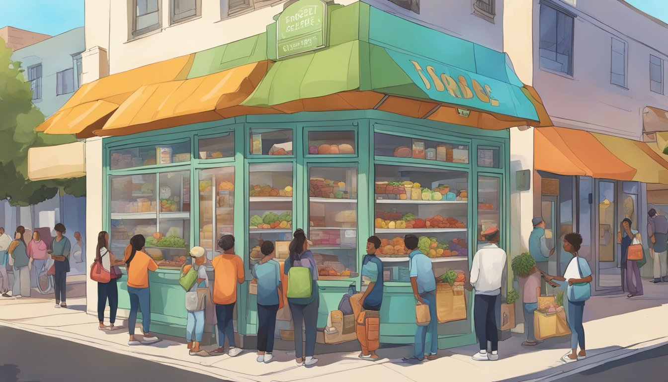 A bustling street corner in Torrance, CA, with a colorful community fridge surrounded by people exchanging food and resources