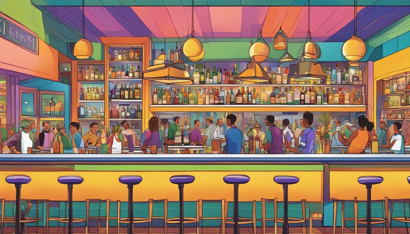 A lively bar scene with colorful cocktails and small plates being served, capturing the vibrant and social atmosphere of Santa Monica's culinary scene