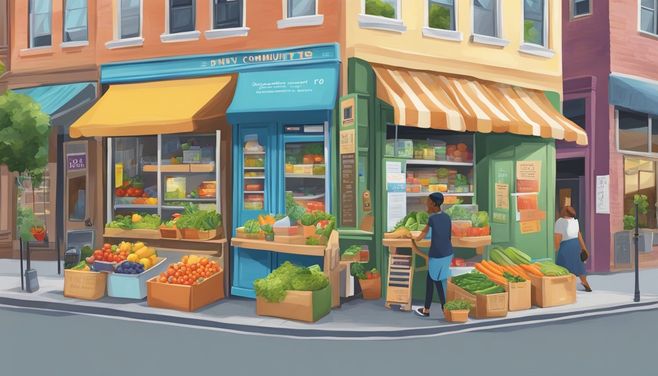 A bustling street corner with a colorful, painted fridge adorned with community messages and filled with fresh produce and packaged goods