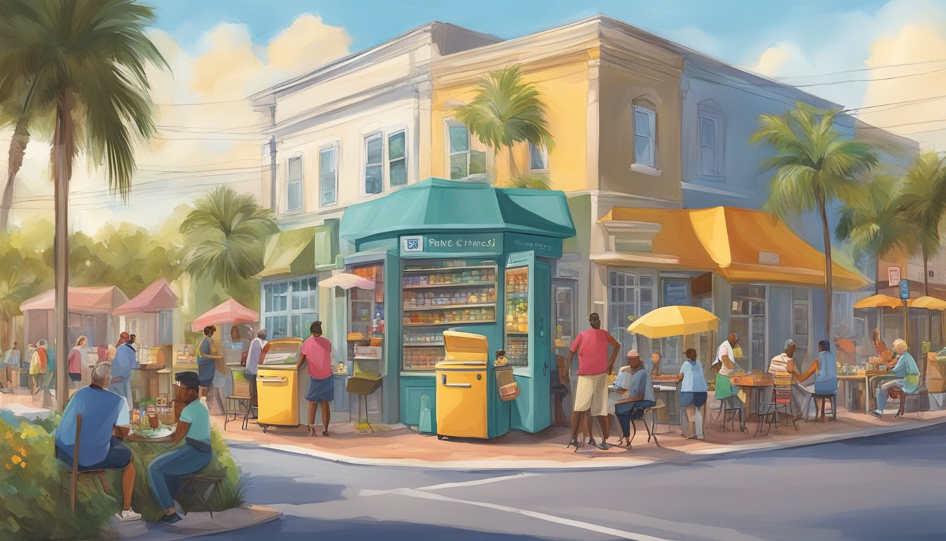 A bustling street corner with a colorful community fridge surrounded by local figures and initiatives in Cape Coral, FL