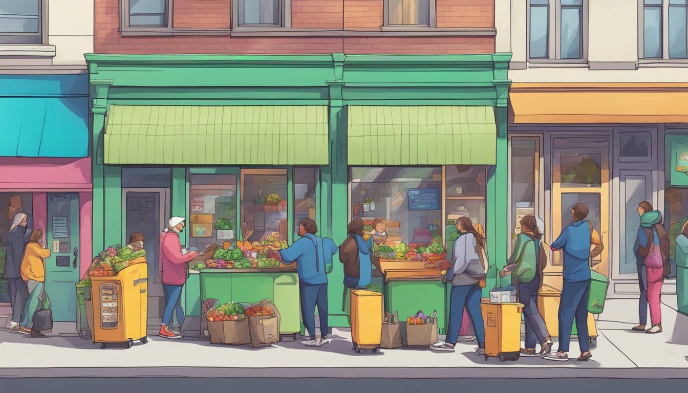 A bustling street corner with a colorful community fridge surrounded by people dropping off and picking up food items