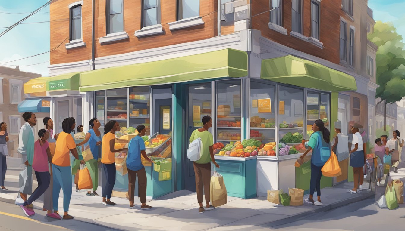 A bustling street corner with a colorful community fridge surrounded by diverse individuals dropping off and picking up food items