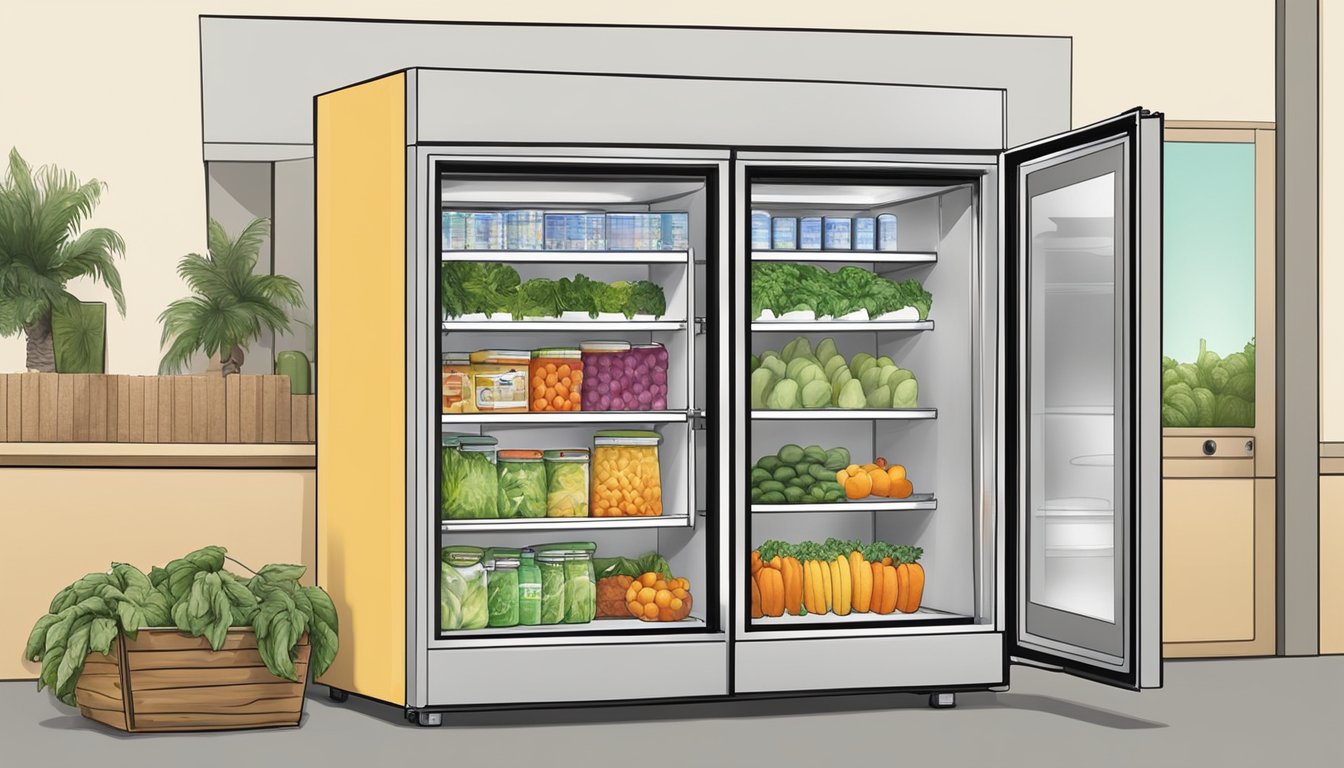 A community fridge in Cape Coral, FL filled with fresh produce, canned goods, and hygiene products