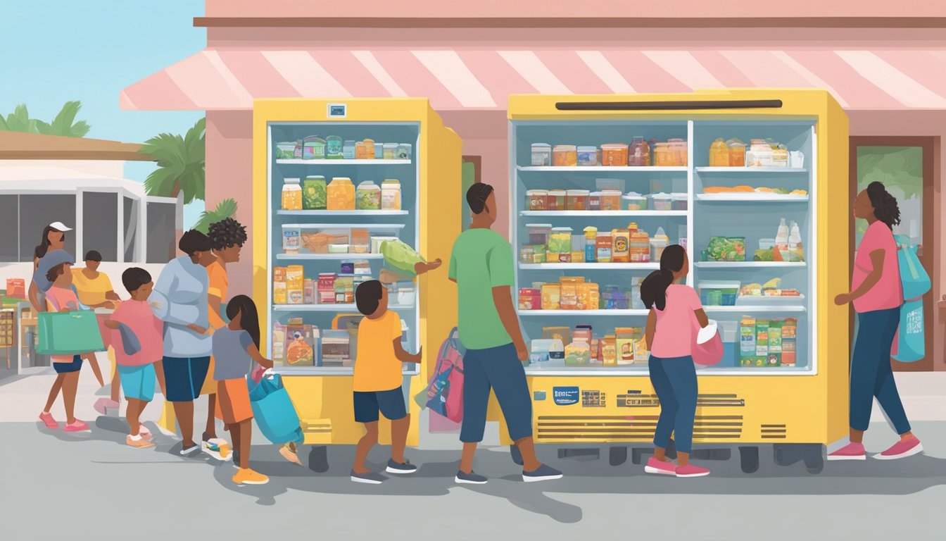 A bustling local community fridge surrounded by families in Cape Coral, FL, with people dropping off and picking up food items