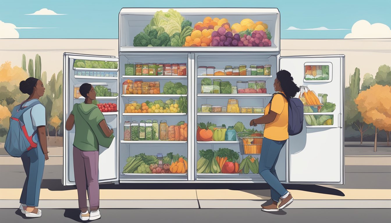 A community fridge in Victorville, CA filled with fresh produce, canned goods, and beverages, with people coming and going to contribute and take what they need