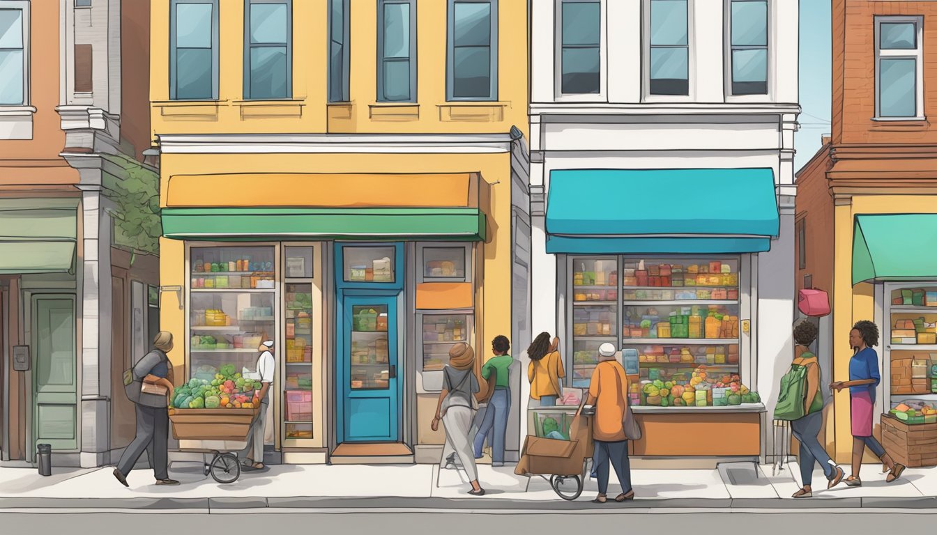 A bustling street corner with diverse storefronts and a colorful community fridge filled with donations and local business contributions