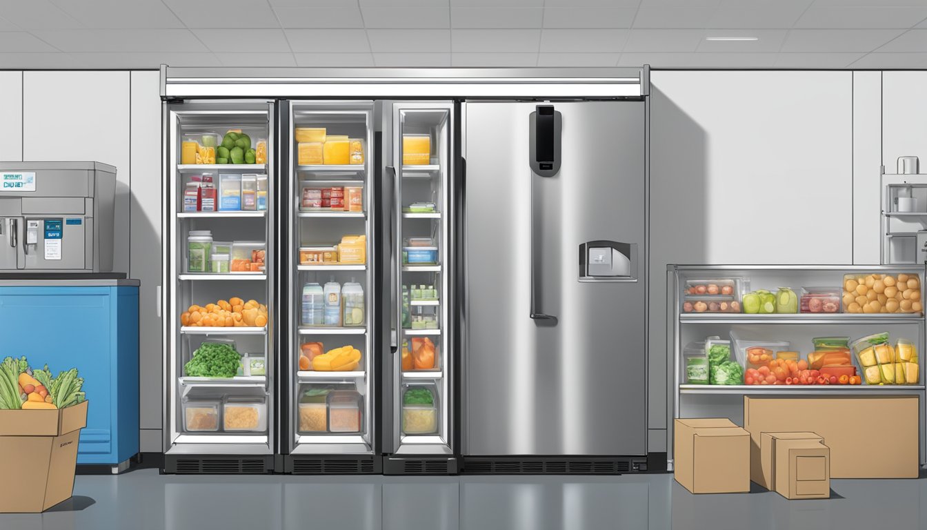 A clean and organized community fridge with labeled food items and temperature monitoring equipment in a well-lit space in Victorville, CA