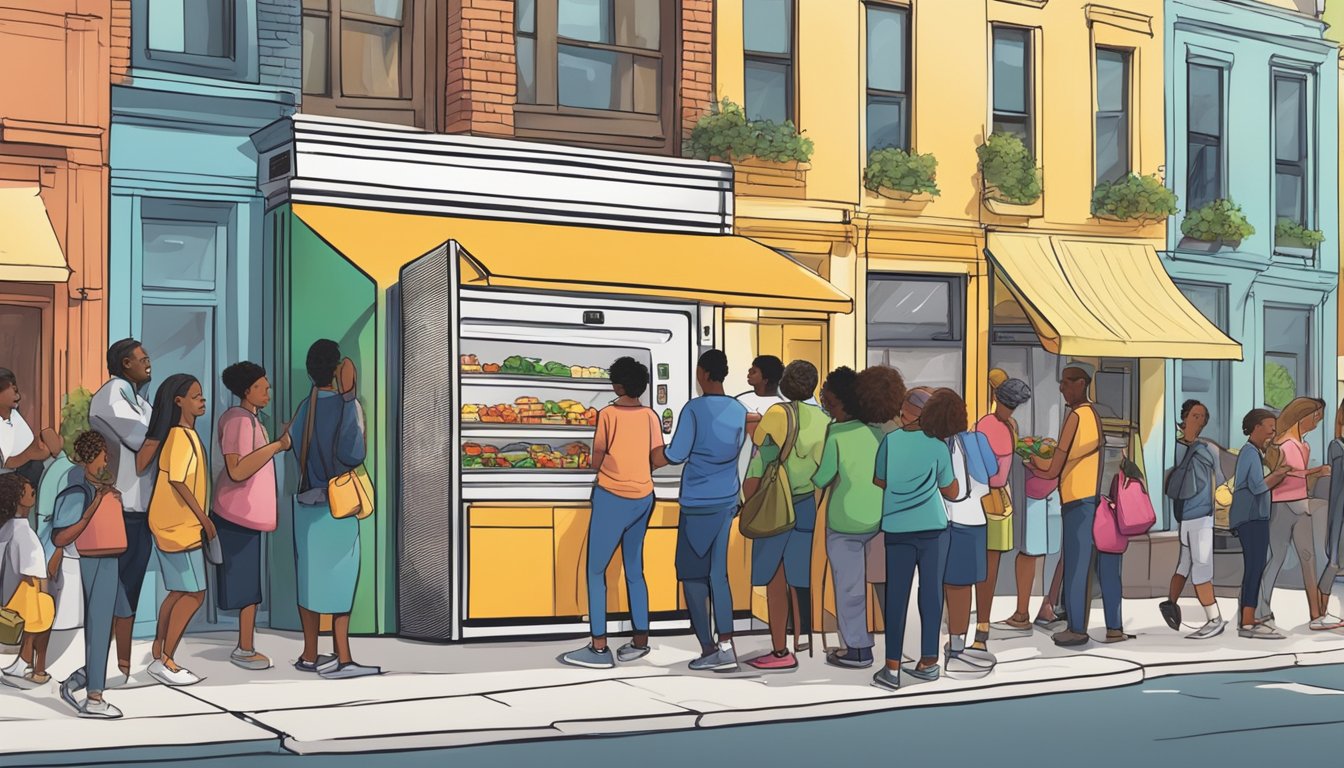 A bustling city street with a brightly painted community fridge surrounded by a diverse group of people contributing and taking food