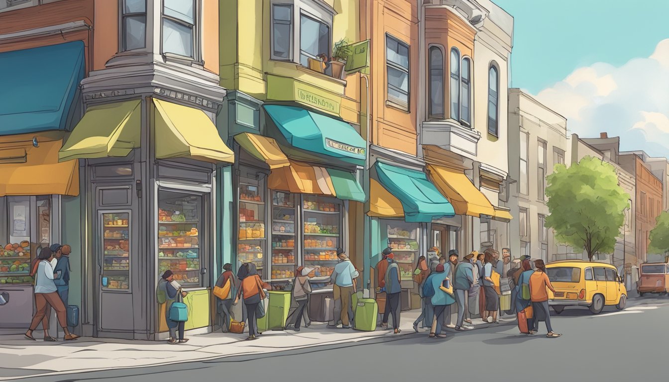 A bustling street corner with a colorful community fridge, surrounded by people dropping off food and others stopping to take what they need