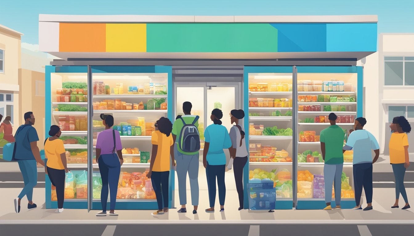 A colorful local community fridge in Victorville, CA filled with donated food and surrounded by people collaborating and forming partnerships