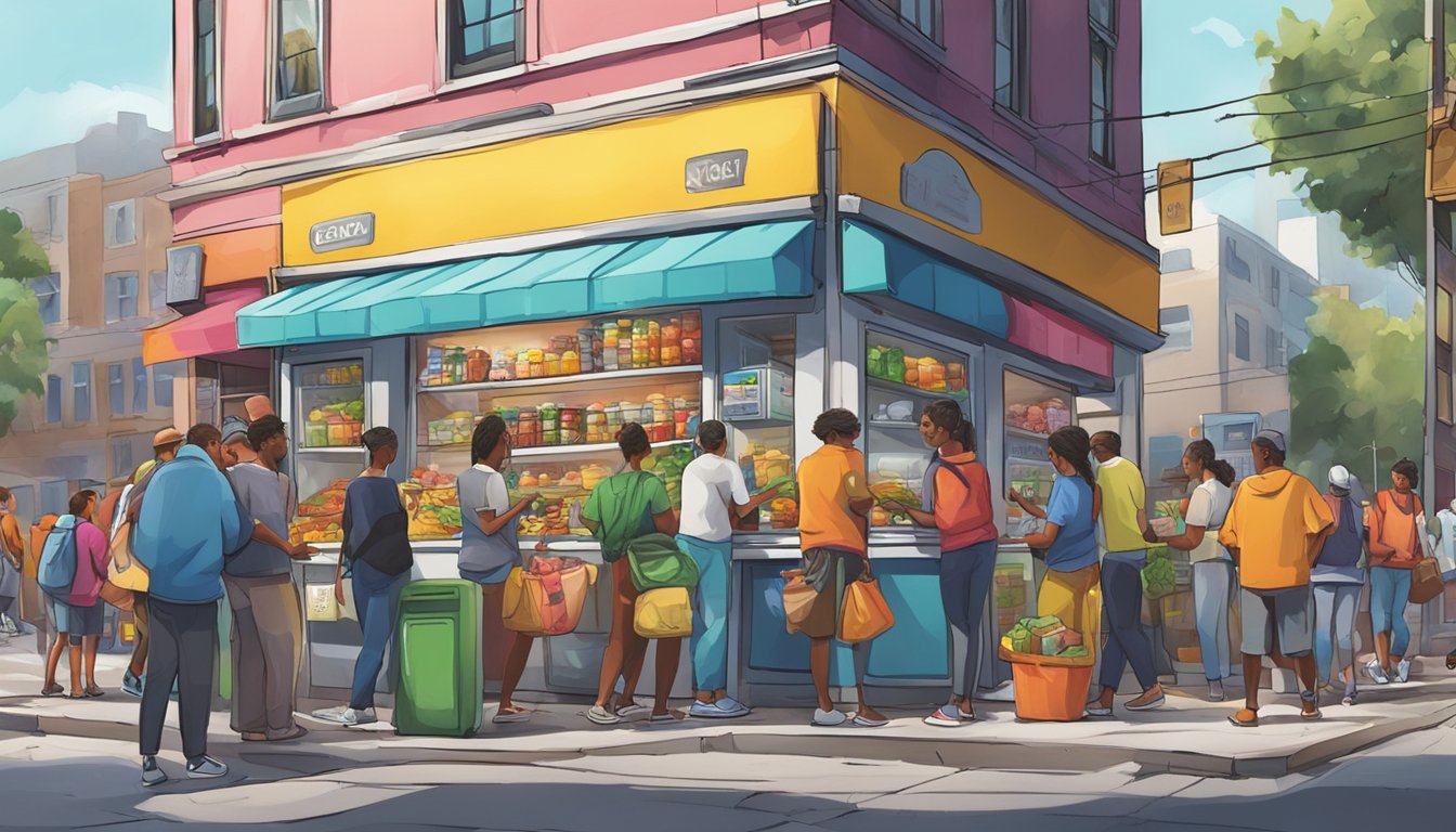 A bustling street corner with a colorful, graffiti-covered community fridge surrounded by people placing and taking food items