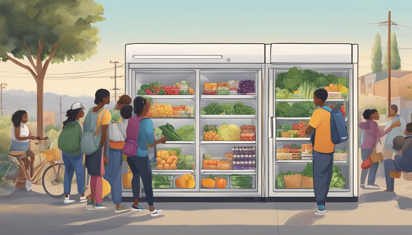 A community fridge in Victorville, CA filled with fresh produce and groceries, surrounded by a diverse group of people accessing and donating items