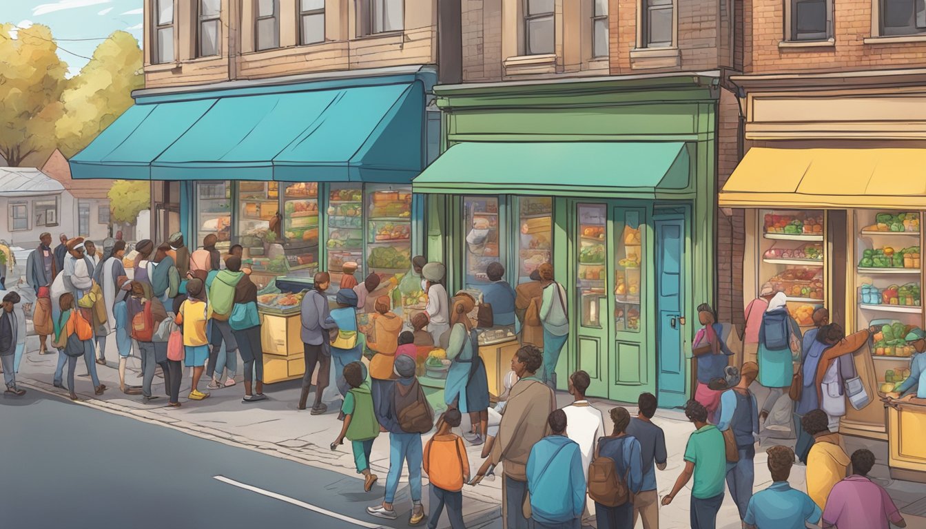 A bustling city street with a colorful community fridge surrounded by people donating and taking food